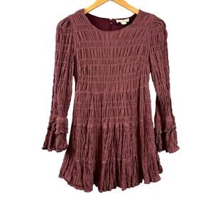 LoveRiche Ruched Long Sleeve Dress Plum Scoop Neck Tiered Ruffle Western Small